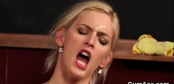  Frisky peach gets sperm shot on her face swallowing all the sperm